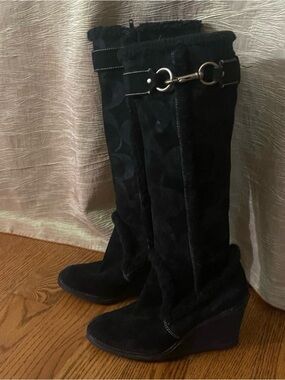 Coach Black Suede Wedge Knee-High Boots with Horsebit Detail